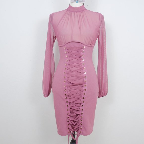 Iris Mauve Pink Sheer Mock Neck Long Sleeve Corset Lace Up SZ S Sexy Y2K Dress - Picture 4 of 14